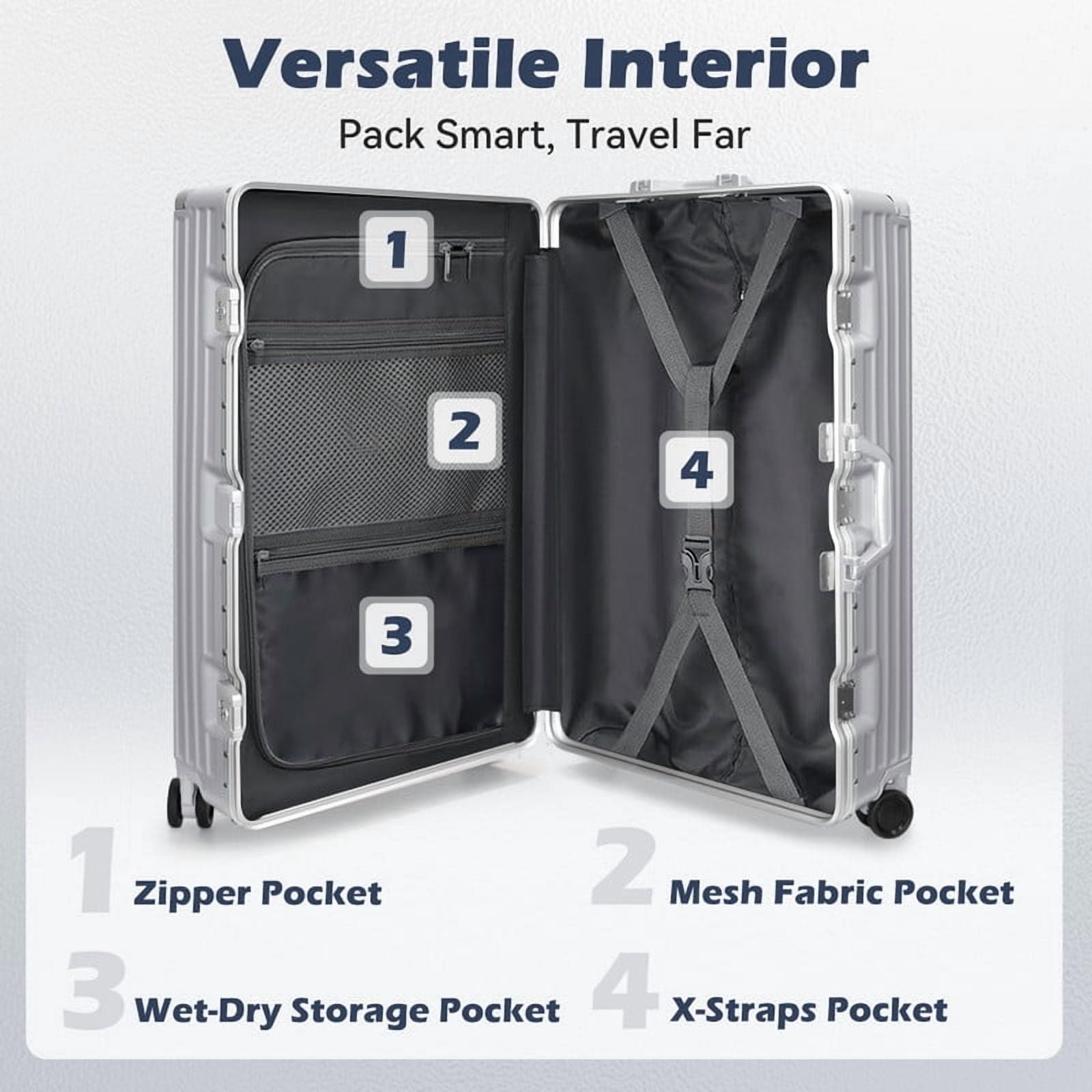Luggage Aluminium Frame PC ABS Hardshell Suitcase with Spinner Wheels TSA Lock Zipperless Luggage 28 inch Silver