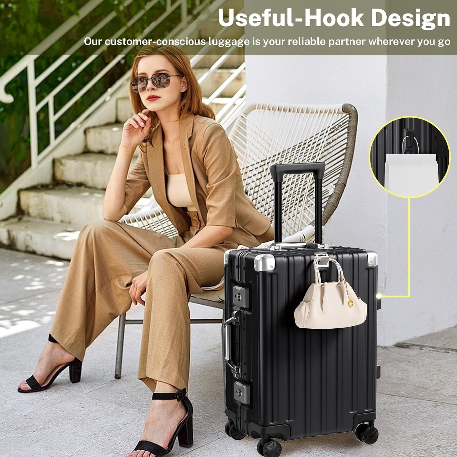 Checked Luggage Aluminum Frame Suitcase with Wheels PC ABS Hardside Zipperless with TSA Lock 28 Inch Black