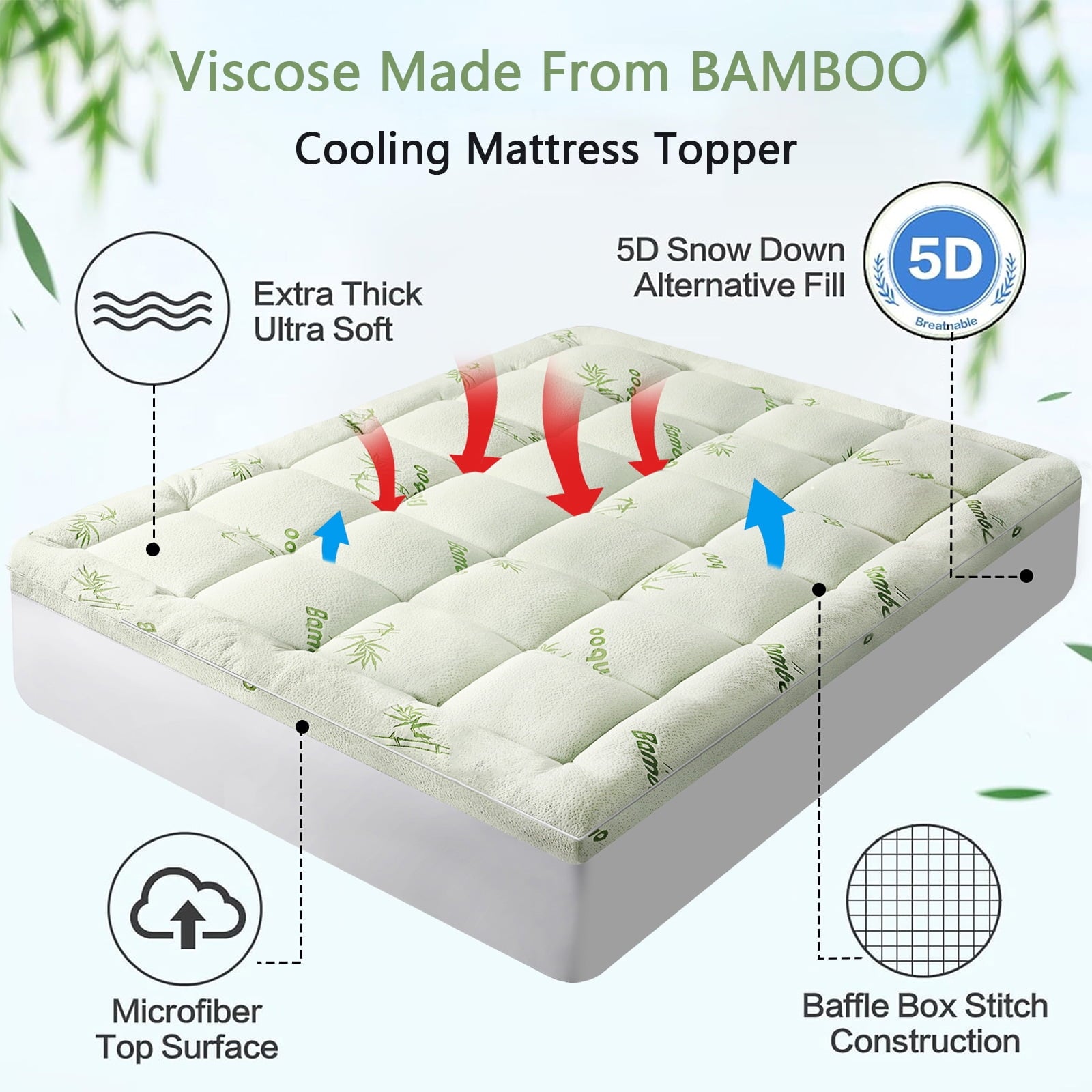 Mattress Topper Twin Size ,Bamboo Extra Thick Mattress Pad Cover Soft Plush Noiseless Down Alternative Fill,with 8-21" Deep Pocket