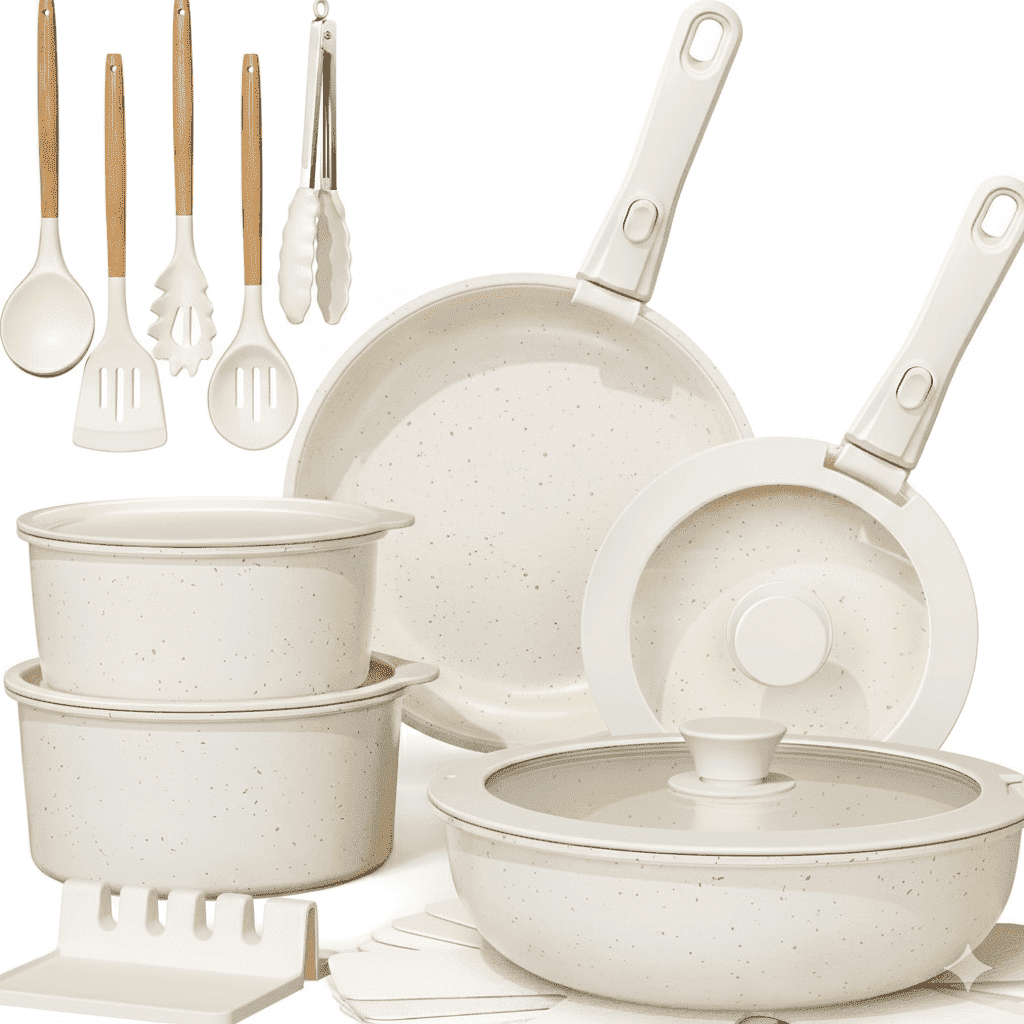 NULAS 21 Piece Pots and Pans Set Non Stick, Stackable RV Kitchen Cooking Set , Cookware Set with Detachable Handle, Dishwasher Safe, Oven Safe, Cream White