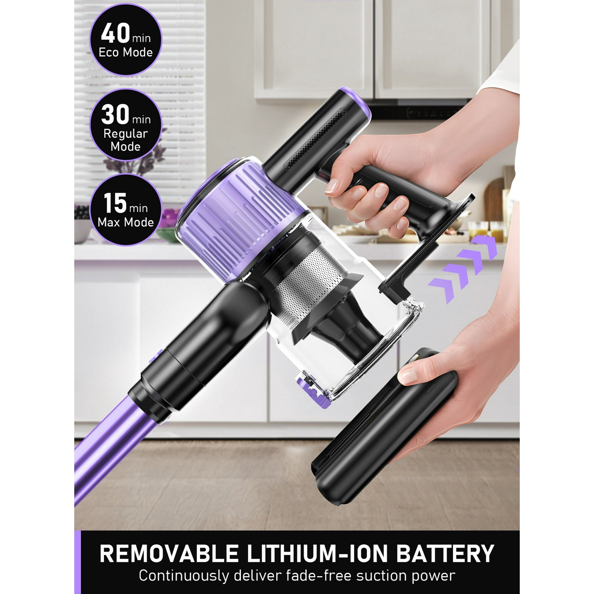 SUXIANGVAC Cordless Vacuum Cleaner, 40Kpa 8 in 1 Lightweight, Anti-Tangle Brush with Green Light, Violet