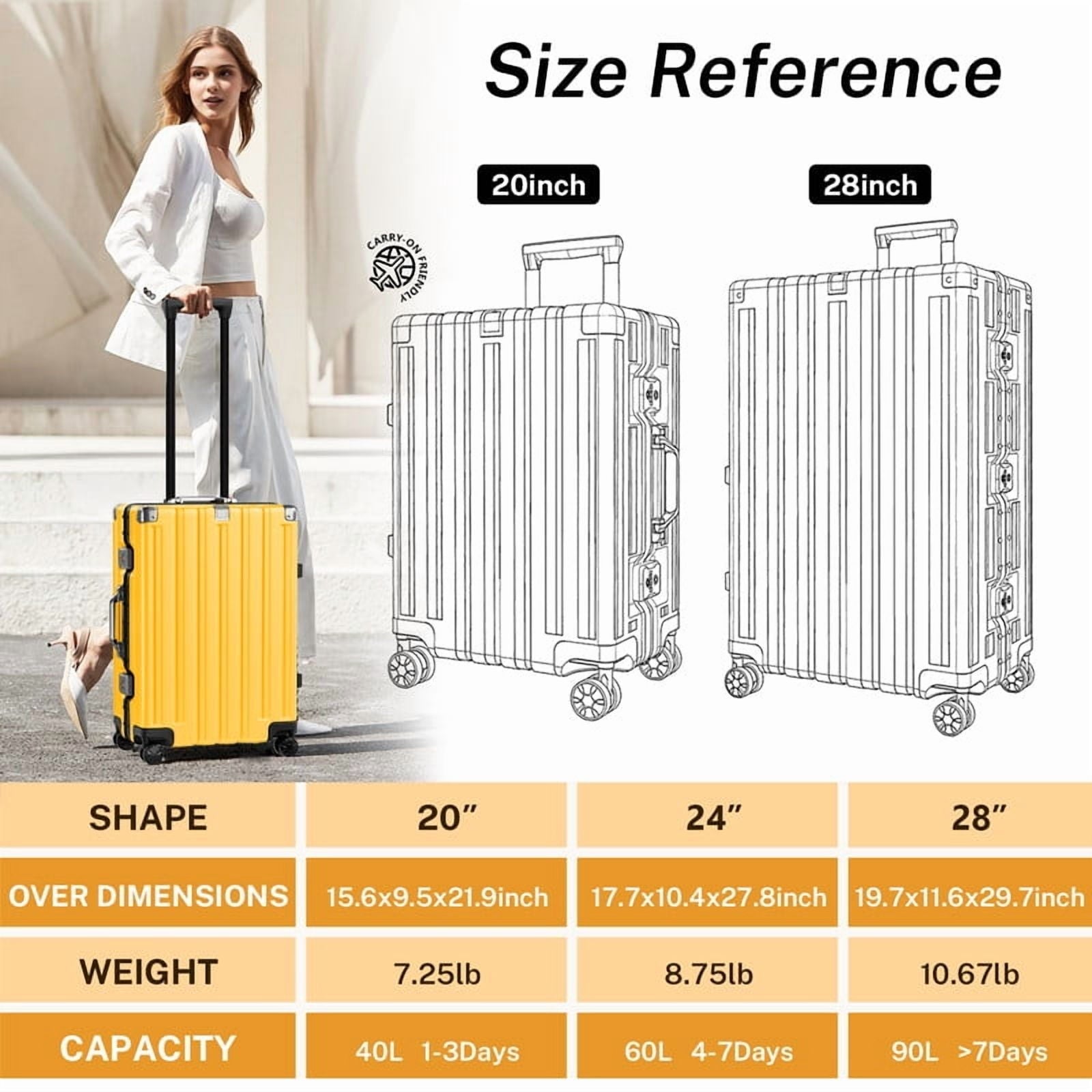 Checked Luggage Aluminum Frame Suitcase with Wheels PC ABS Hardside Zipperless with TSA Lock 28 Inch Yellow