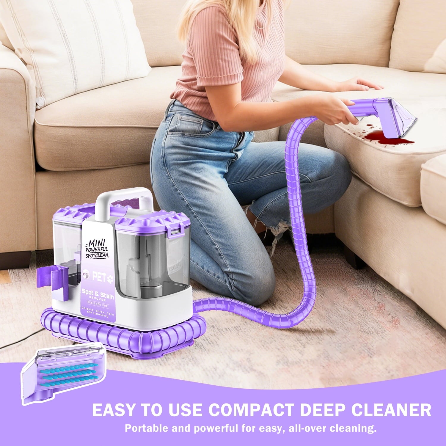SUXIANGVAC Portable Carpet and Upholstery Spot Cleaner, 20Kpa Powerful Suction, Lightweight Compact Deep Cleaner for Home and Car, Purple(Version without cleaning solution)