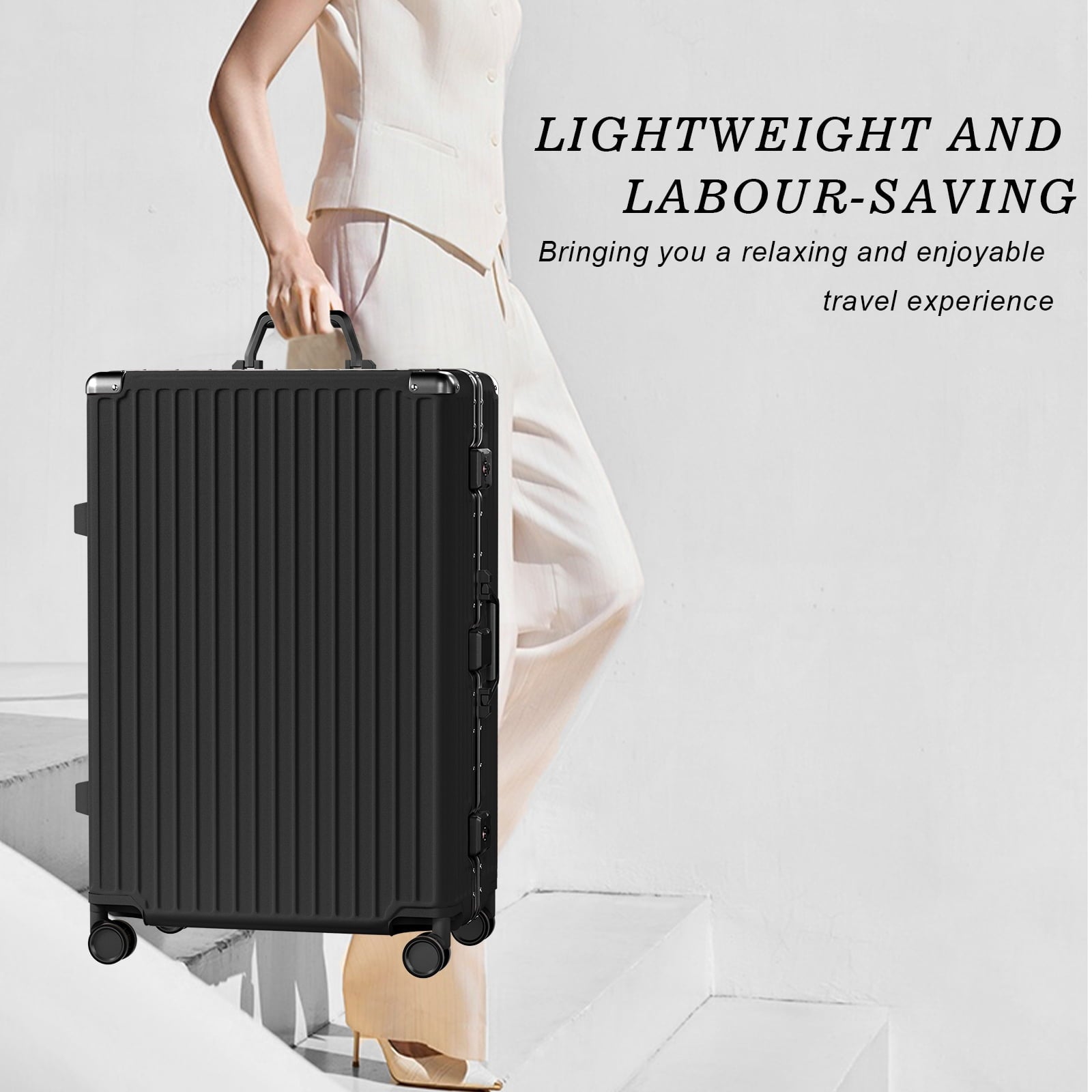 Luggage Sets 2 Piece Hard Shell PC ABS Aluminium Frame Suitcase with Spinner Wheels TSA Lock Zipperless 20 28 inch Black