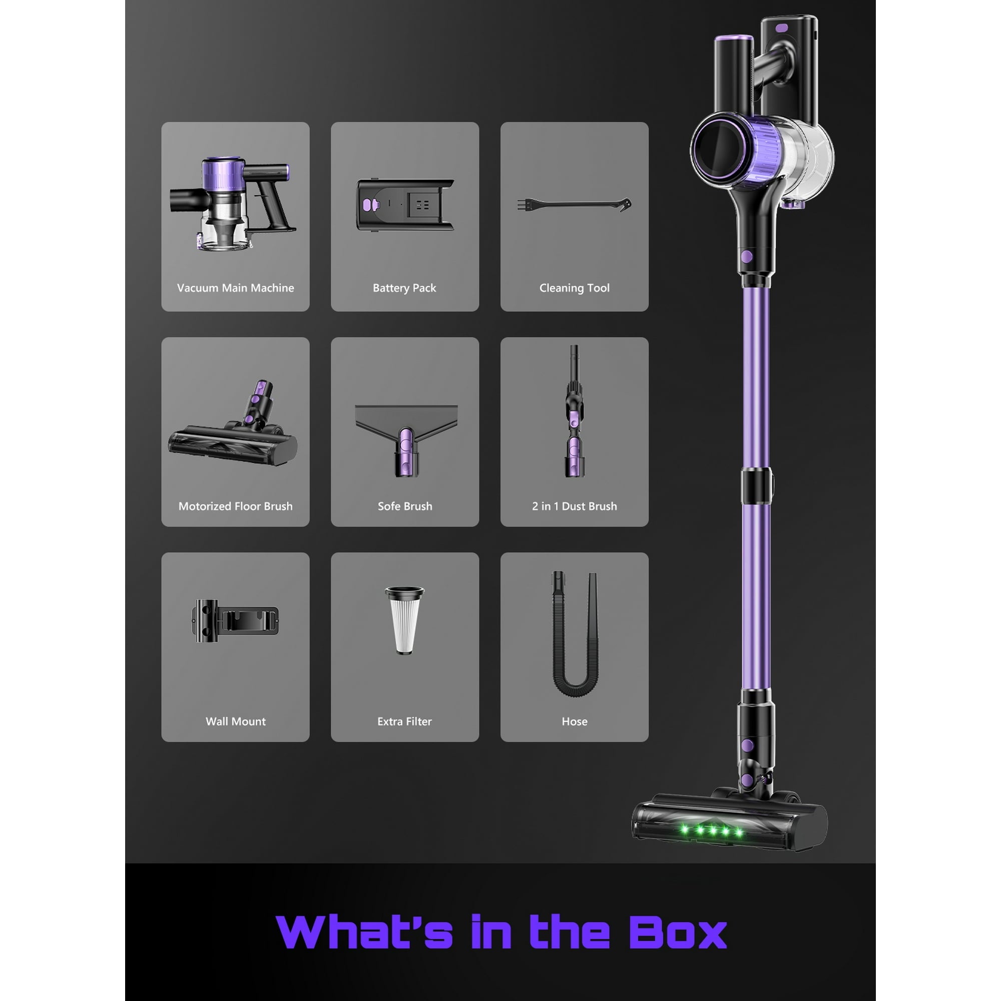 SUXIANGVAC Cordless Vacuum Cleaner, 40Kpa 8 in 1 Lightweight, Anti-Tangle Brush with Green Light, Violet