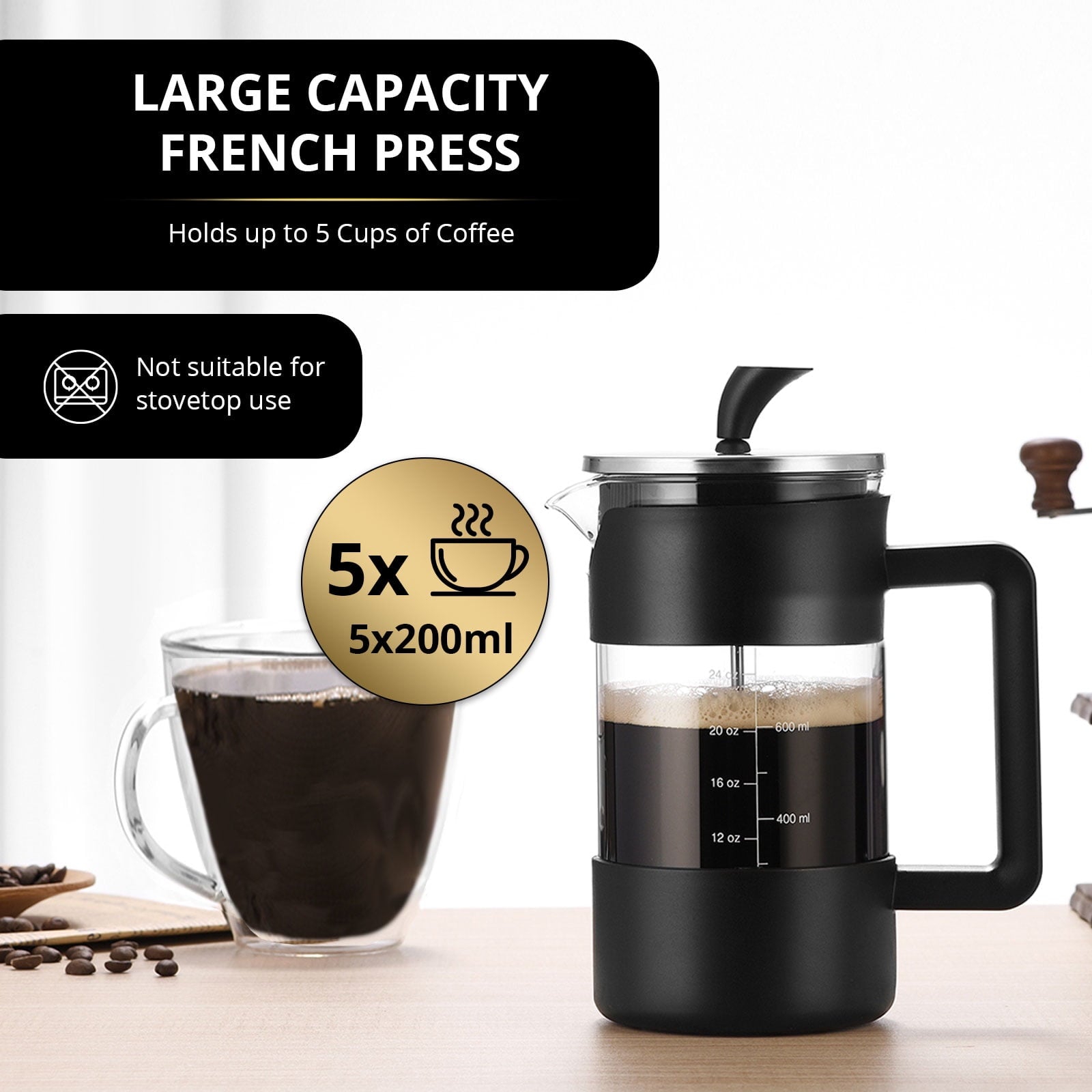 Acarner French Press Coffee Maker 35 oz, Stainless Steel Cold Brew Coffee Make,Heat Resistant Thick Borosilicate Glass French Presses with Fine Filtration System, Black