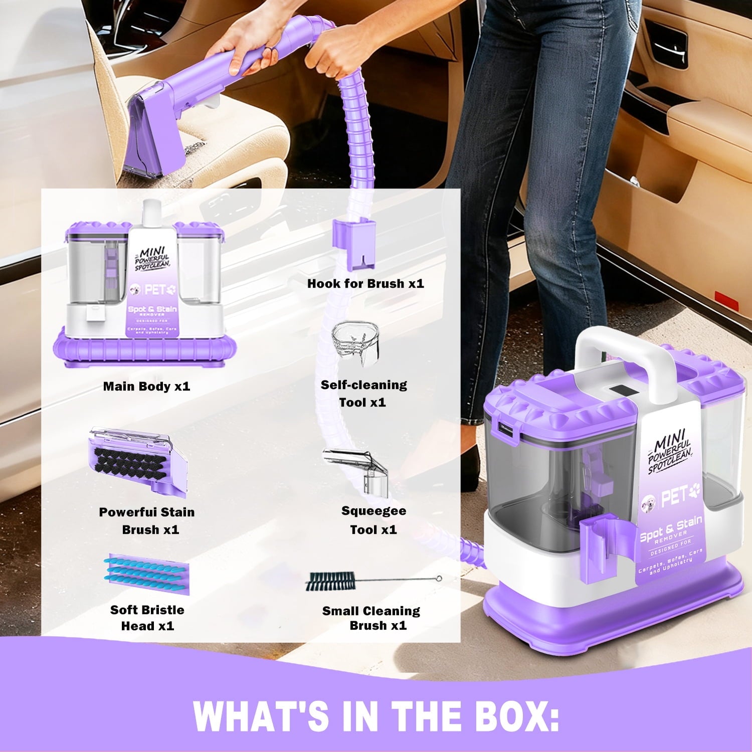 SUXIANGVAC Portable Carpet and Upholstery Spot Cleaner, 20Kpa Powerful Suction, Lightweight Compact Deep Cleaner for Home and Car, Purple(Version without cleaning solution)