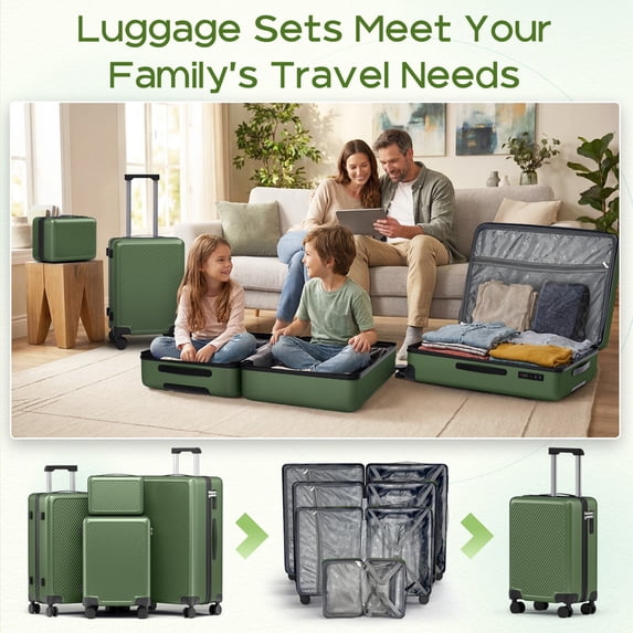Luggage Sets 4 Piece Carry on Luggage with Spinner Wheels Hardshell Durable Suitcase with TSA Lock 14 20 24 28 inch Green