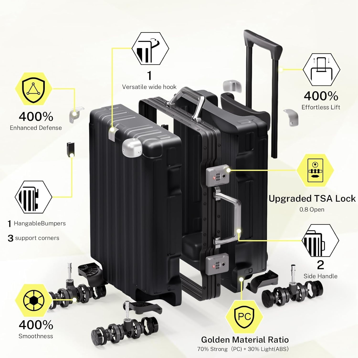 Luggage Sets 2 Pieces Aluminum Frame Carry On Luggage with Wheels PC ABS Hardside Zipperless with TSA Lock 20 28 inch Black