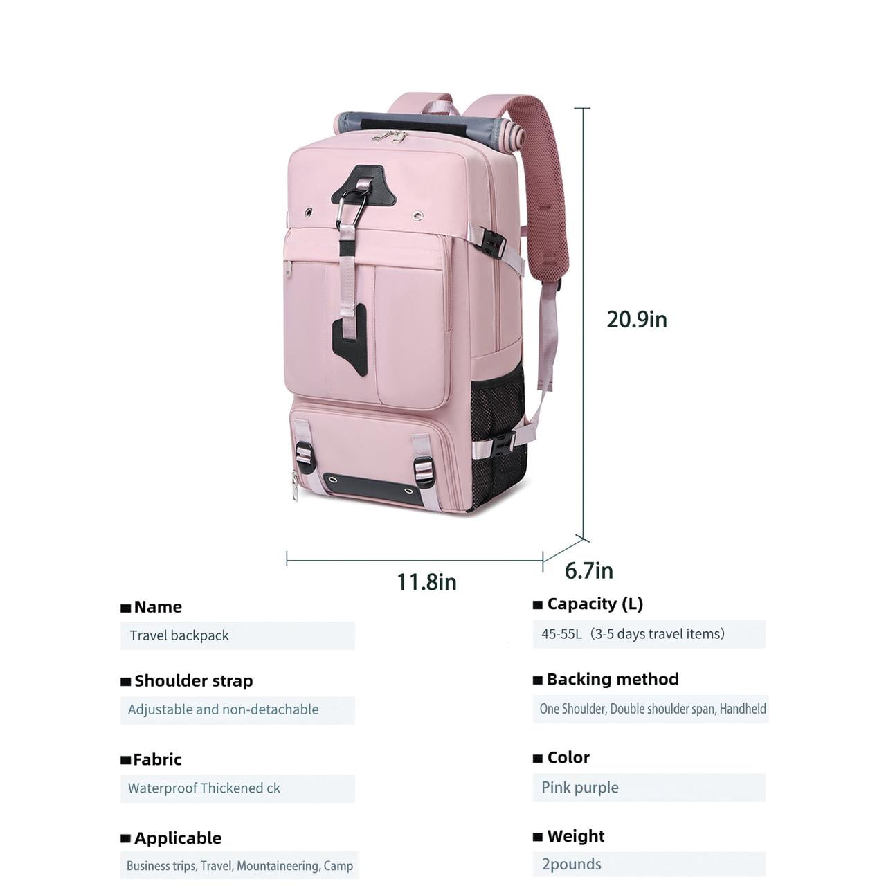 Travel Backpack 50L New Premium - Unisex Extra Large Laptop Backpack for Hiking, Climbing & Business Trips, Waterproof,Pink