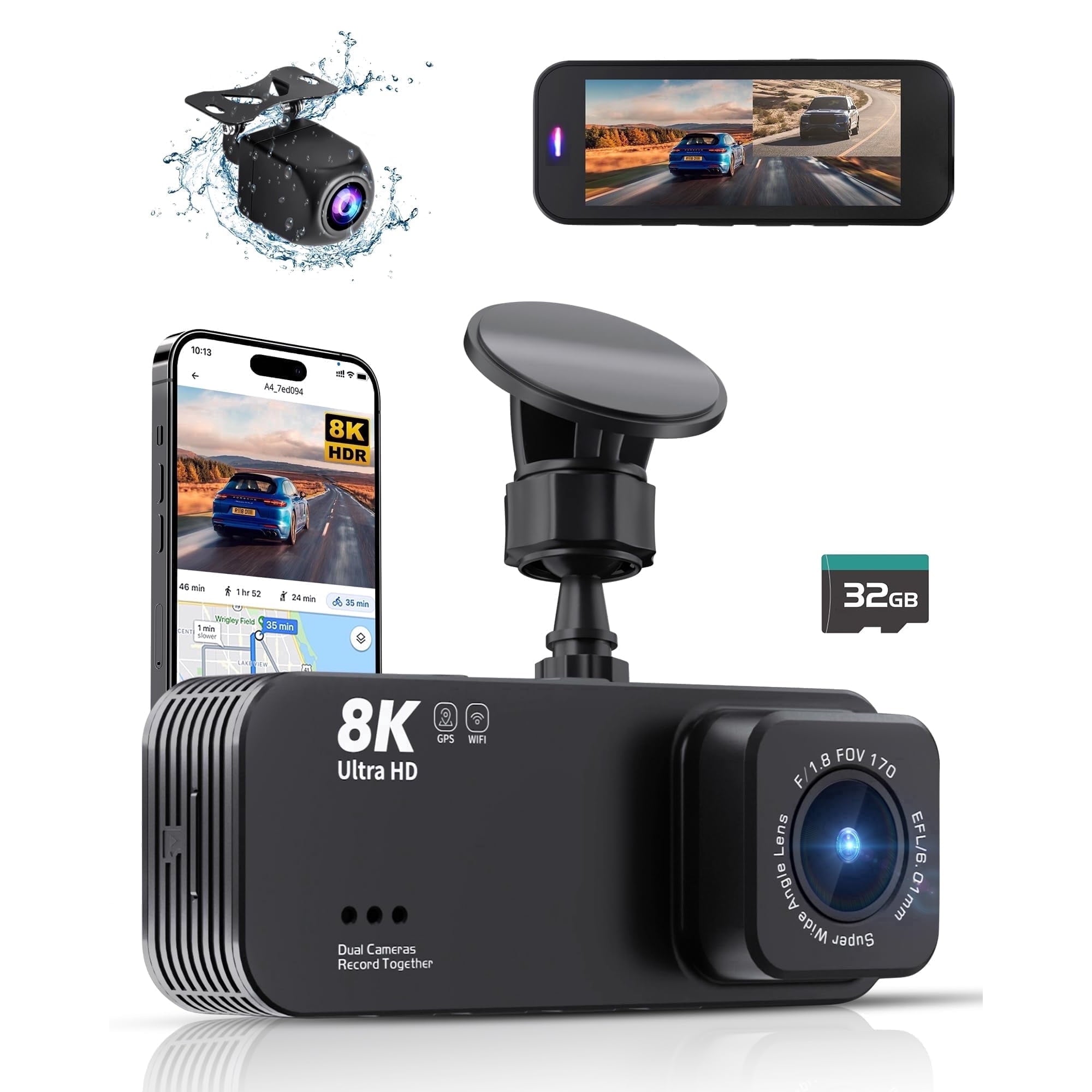 Dash Cam,Gazsocy 8K HD Car Dash Camera with Front and Rear Recording, Built-in Wi-Fi & GPS, Enhanced Night Vision,32 GB