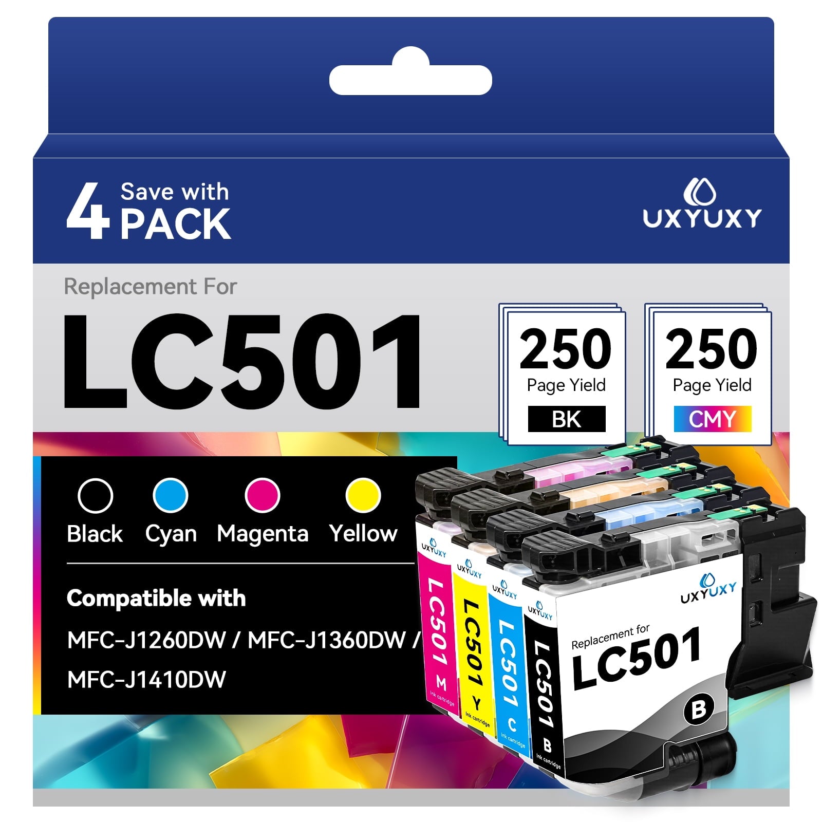 UXYUXY LC501 Ink Cartridge Compatible for Brother LC501 LC-501 for MFC-J1260DW MFC-J1360DW MFC-J1410DW Printer (4-Pack)