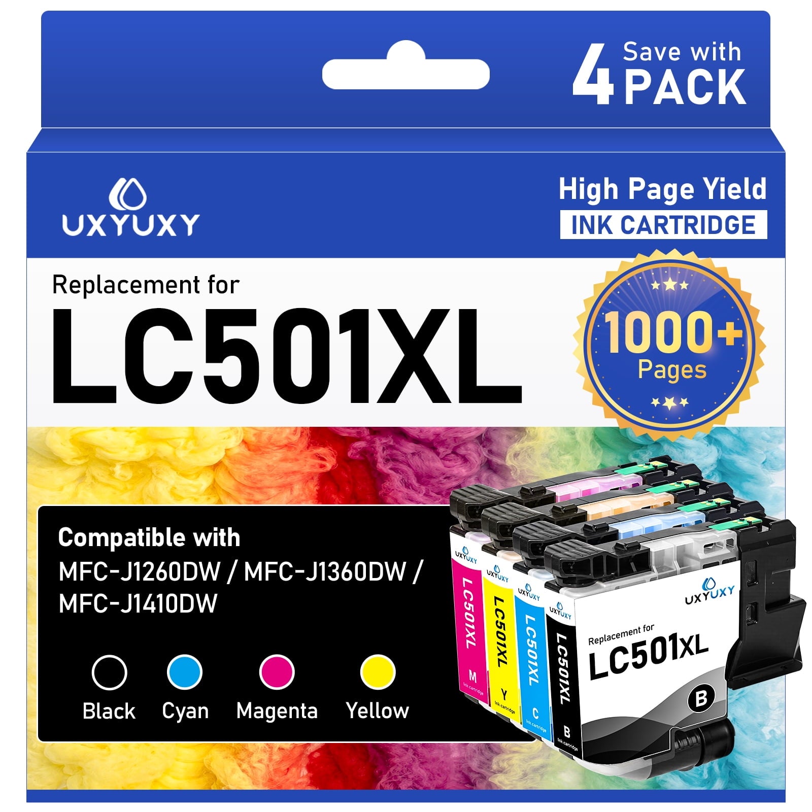 LC501XL Ink Cartridge Combo Pack for Brother LC501XL LC-501XL for MFC-J1260DW MFC-J1360DW MFC-J1410DW Printer (4-Pack)