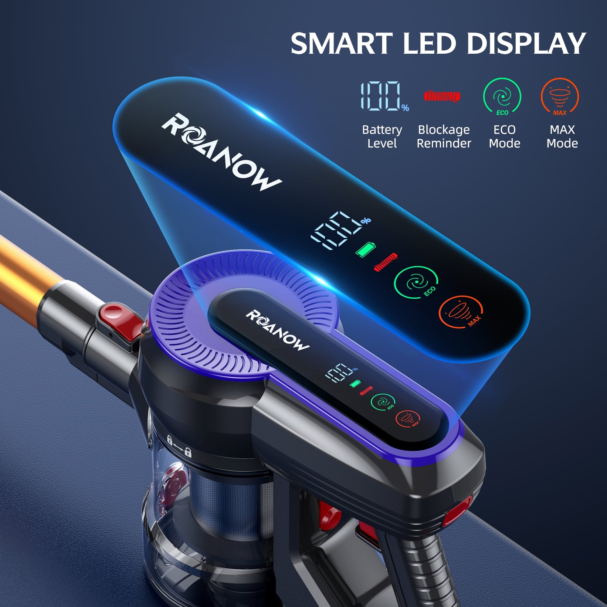 Roanow Cordless Vacuum Cleaner, 38KPA/55Min, Lightweight Stick Vacuum Cleaner for Home Hardwood Floor, Carpet and Pet Hair