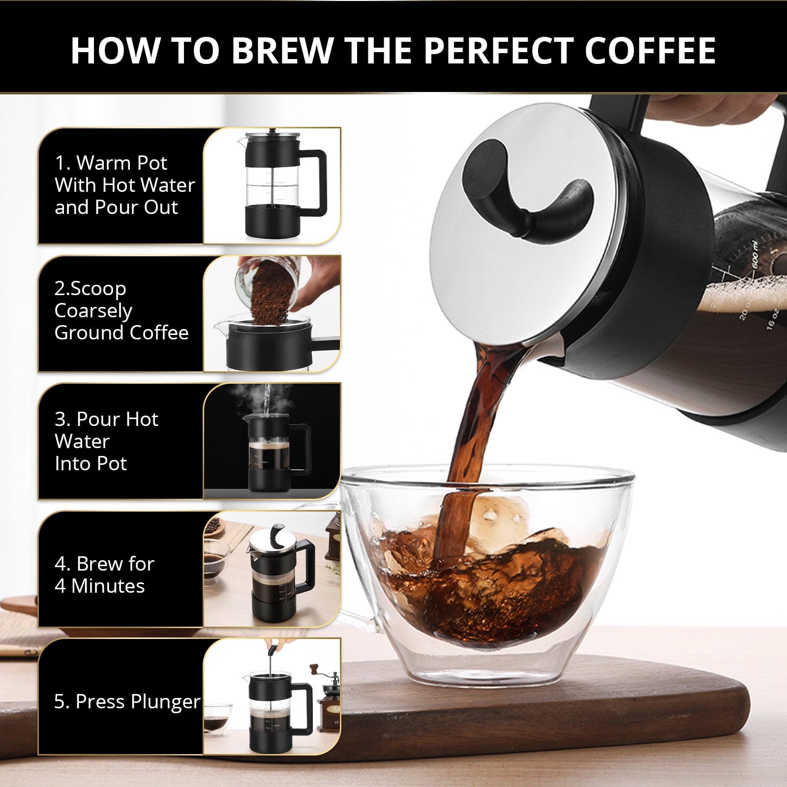 Acarner French Press Coffee Maker 35 oz, Stainless Steel Cold Brew Coffee Make,Heat Resistant Thick Borosilicate Glass French Presses with Fine Filtration System, Black