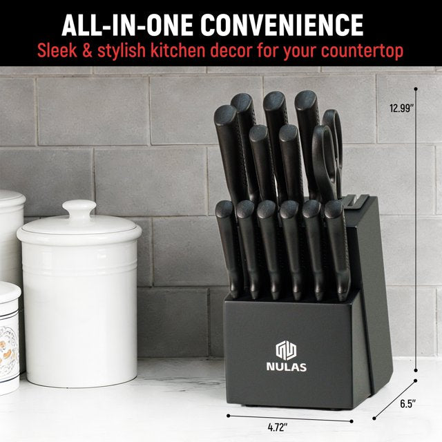 NULAS Knife Set, 14Piece Knife Sets for Kitchen with Block, Dishwasher Safe, Built in Sharpener Block, Black