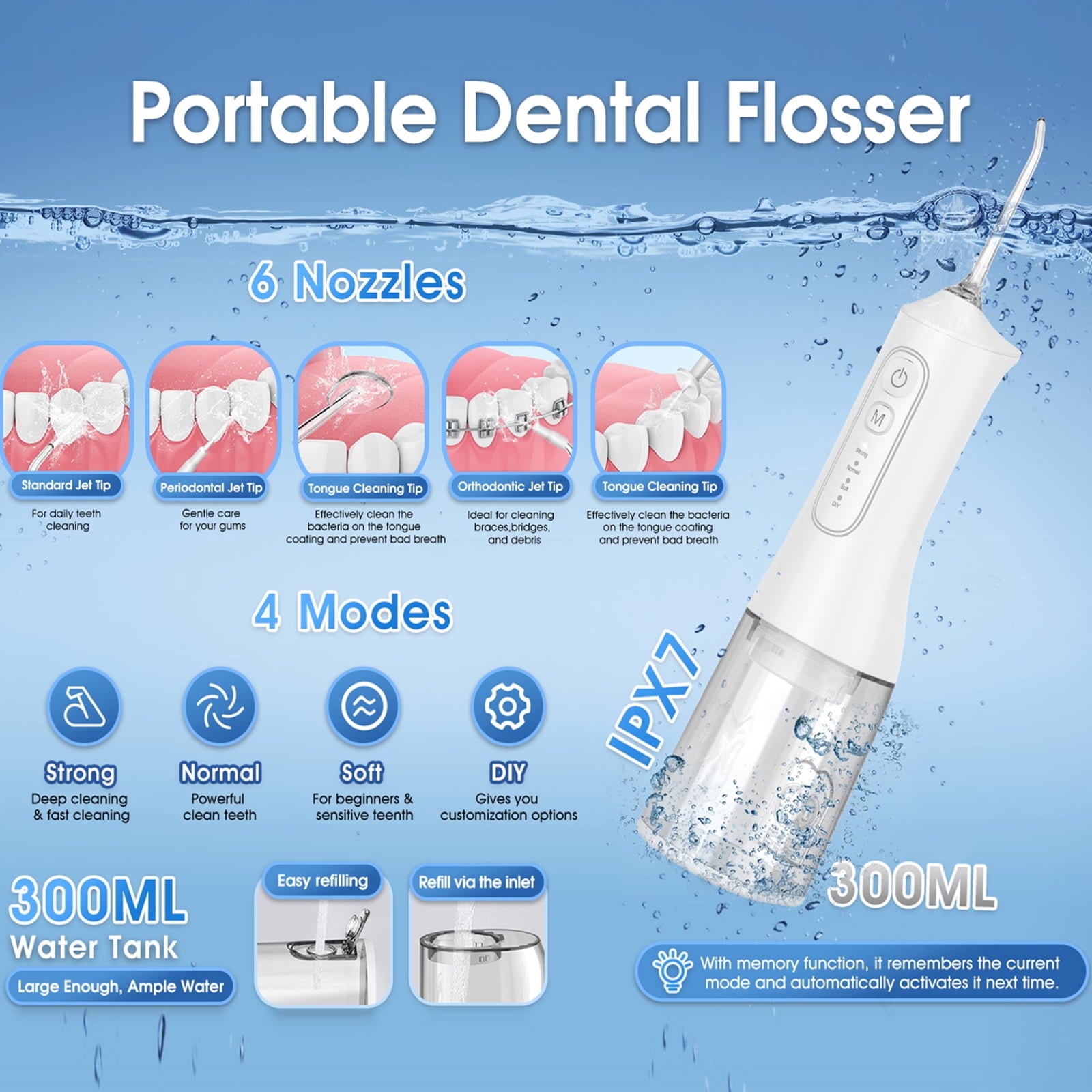 Water Flosser,Irrigador Dental with 4 Modes,6 Jet Tips, 300ML Tank & IPX7 Waterproof Water Flossers for Teeth-Muzpu(White)