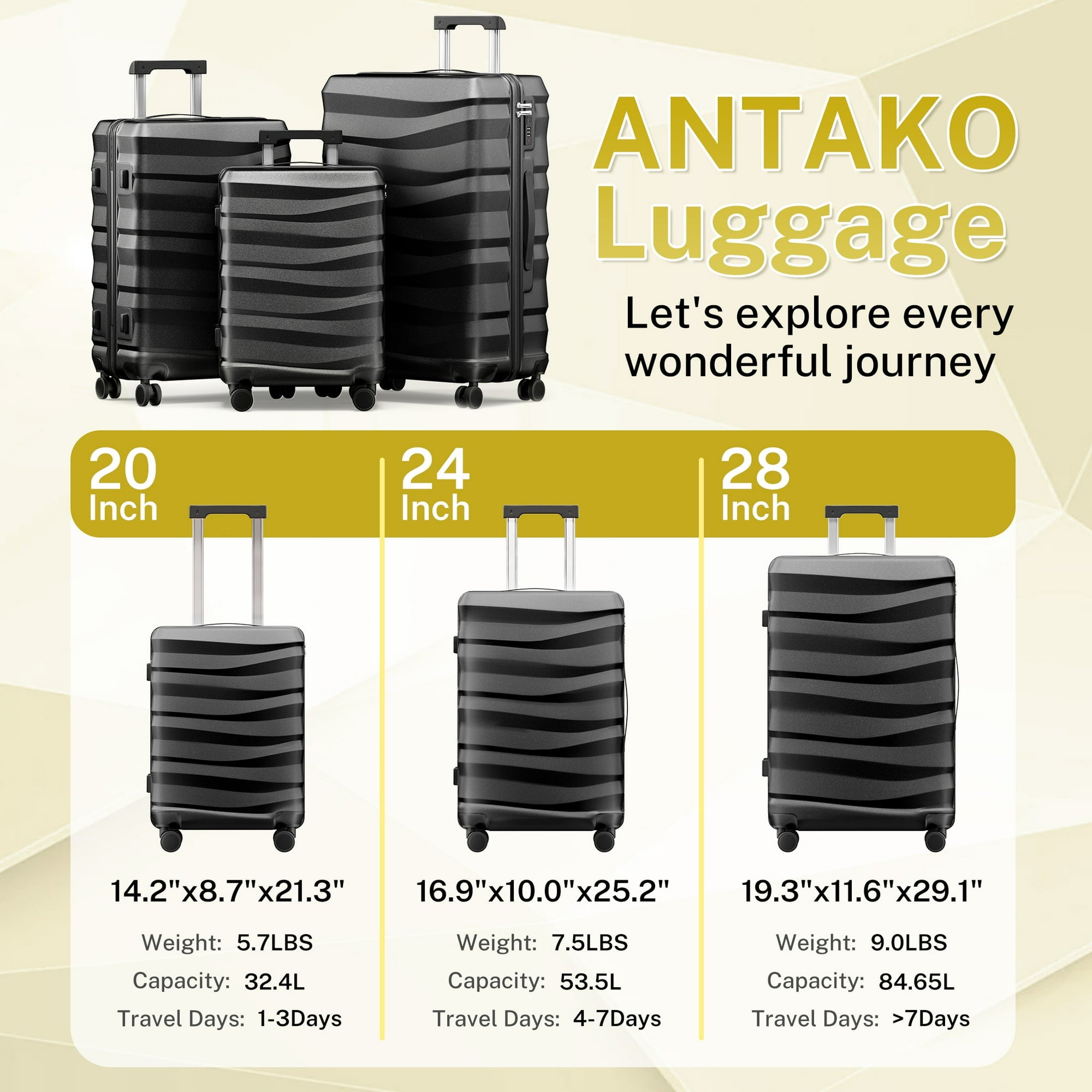 Luggage Sets 3 Piece Lightweight Luggage with Spinner Wheels ABS Travel Suitcase with TSA Lock 20 24 28 inch Carry on Luggage Black
