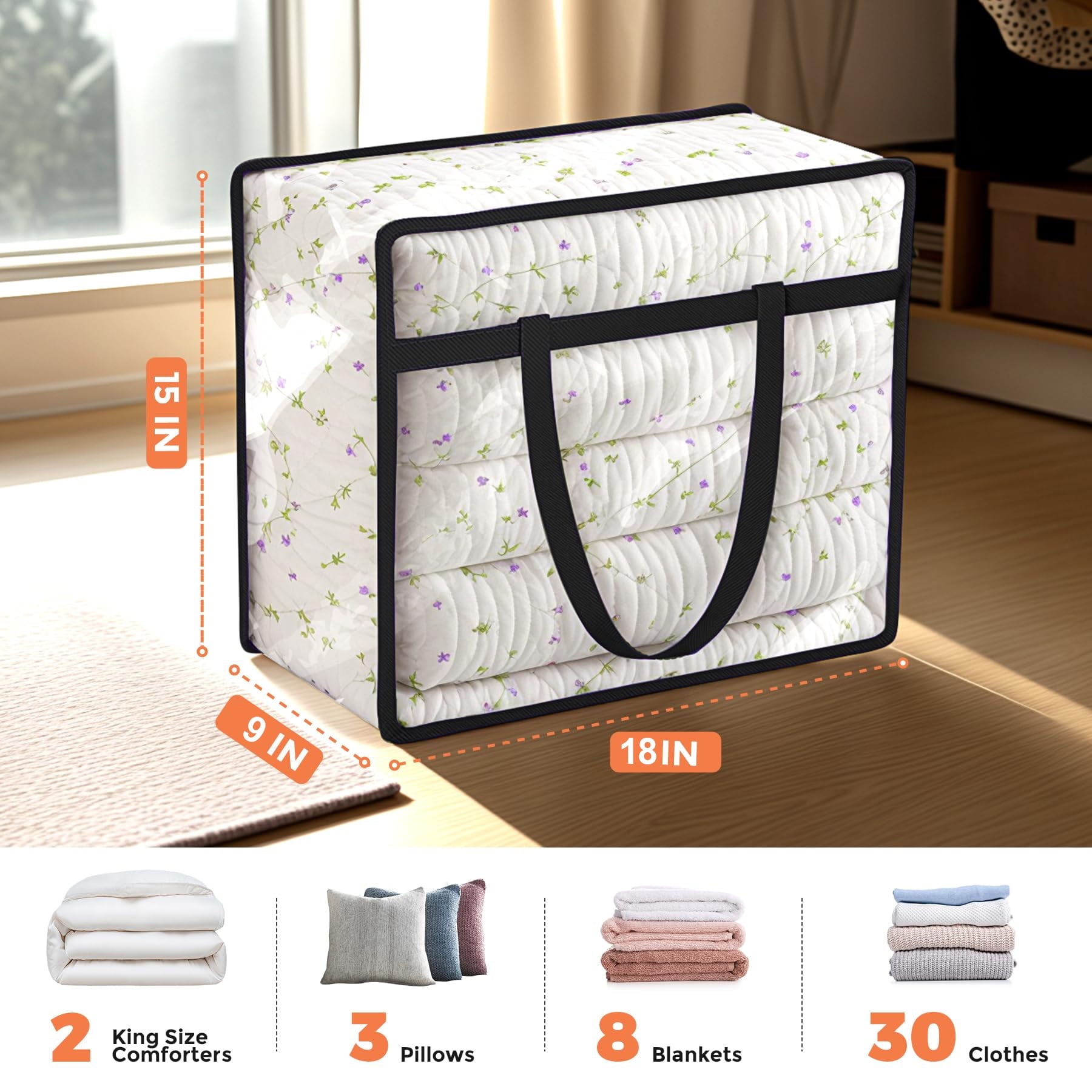6 Pack Clear Clothes Storage Bags, Blanket Storage Bag with Zipper and Handle, Moving Bags for Bedding, Comforters, Clothing (40L)