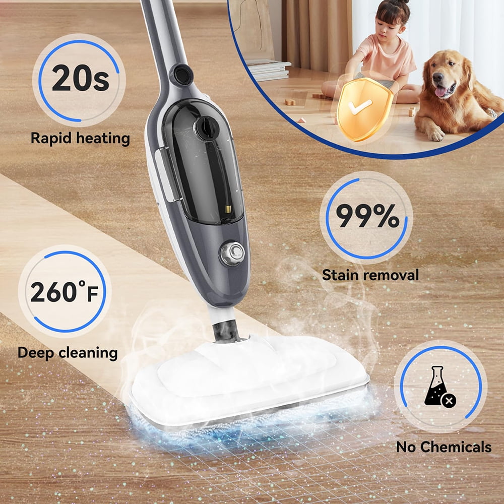 Purevigil Steam Mop , All-in-one Powerful Handheld Steam Cleaner Detachable For Hardwood Floors,Carpet,Tiles, Windows,with 11 Accessories,Grey