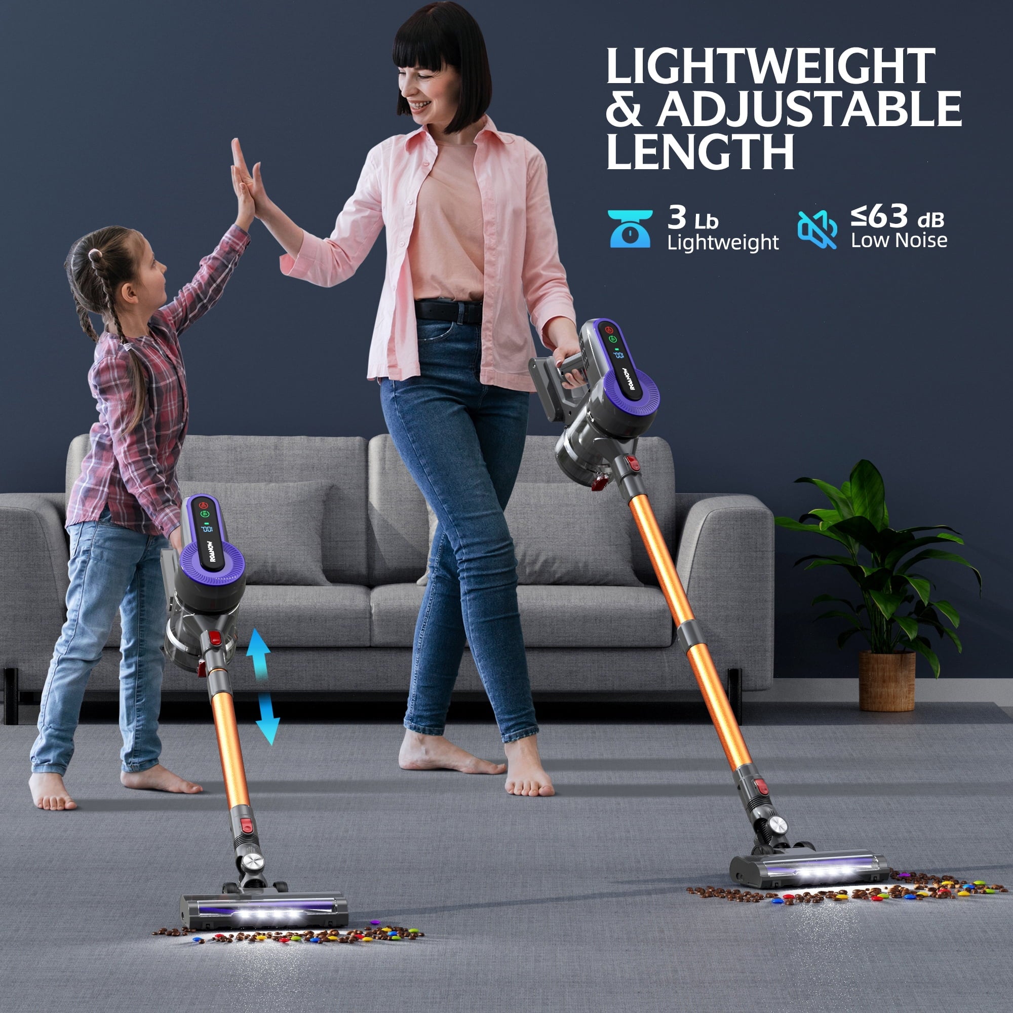 Roanow Cordless Vacuum Cleaner, 38KPA/55Min, Lightweight Stick Vacuum Cleaner for Home Hardwood Floor, Carpet and Pet Hair