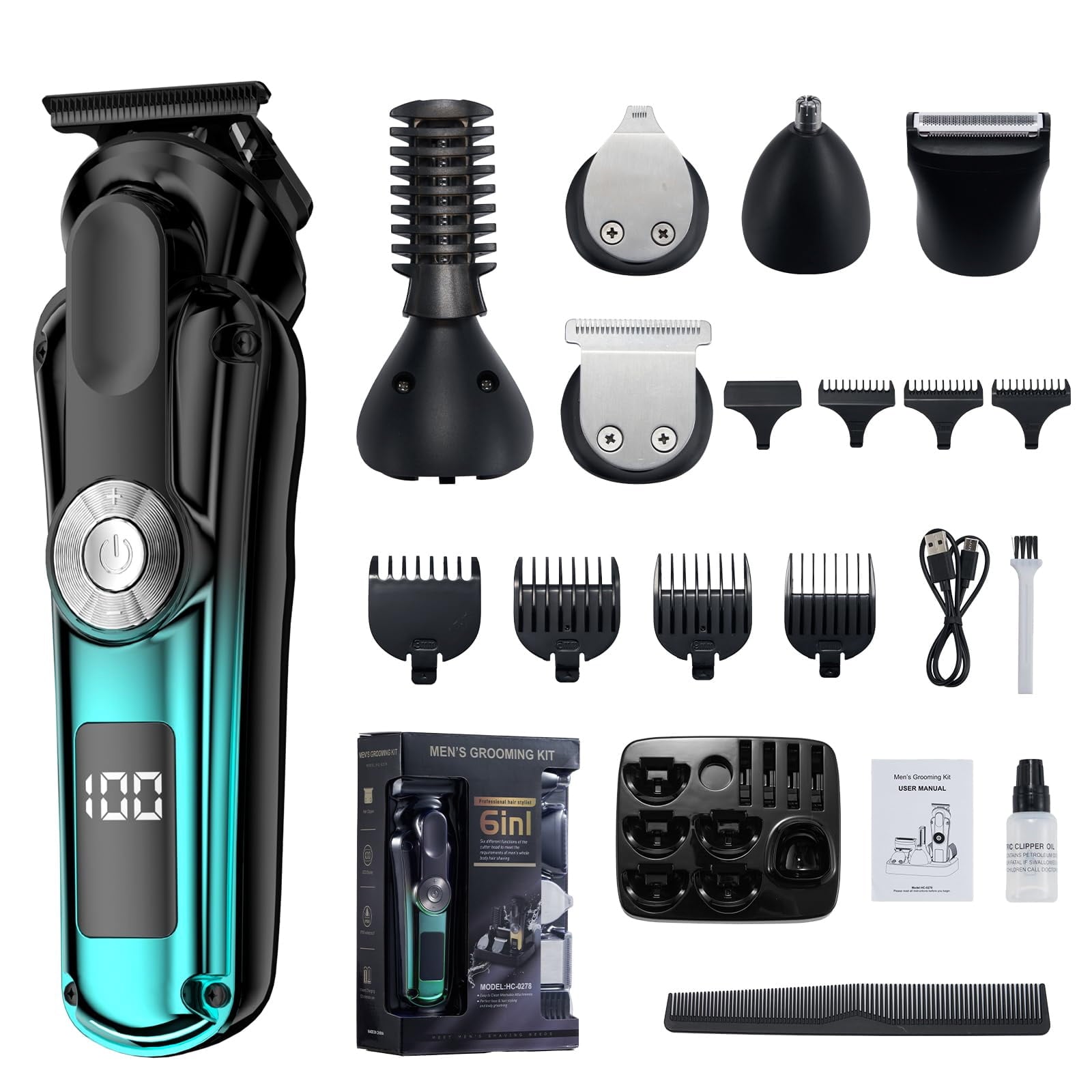 Juyafio New Upgrade 6-in-1 Hair Clippers Kit,Beard Trimmer for Men/Electric Razor,Body Hair Trimmer,Nose Hair Groomer,Cordless Precision Shave Kit,Waterproof USB Rechargeable