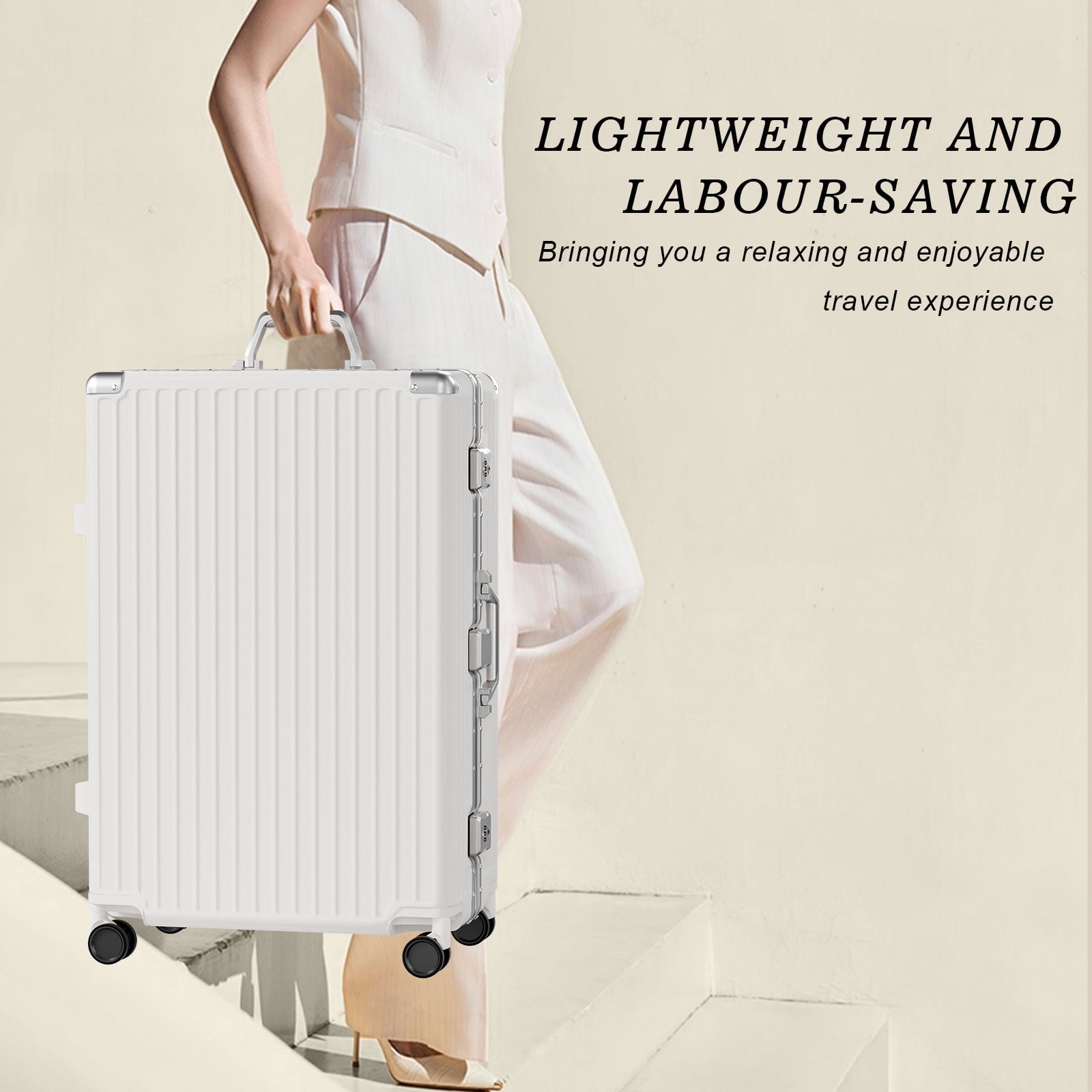 Luggage Sets 2 Piece Hard Shell PC ABS Aluminium Frame Suitcase with Spinner Wheels TSA Lock Zipperless 20 28 inch White