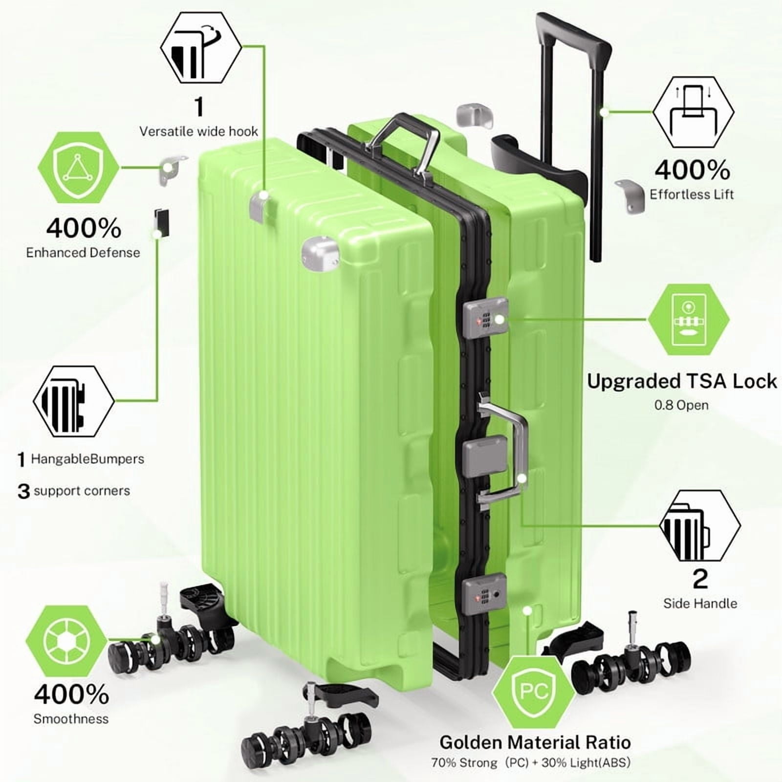 Checked Luggage Aluminum Frame Suitcase with Wheels PC ABS Hardside Zipperless with TSA Lock 28 Inch Green